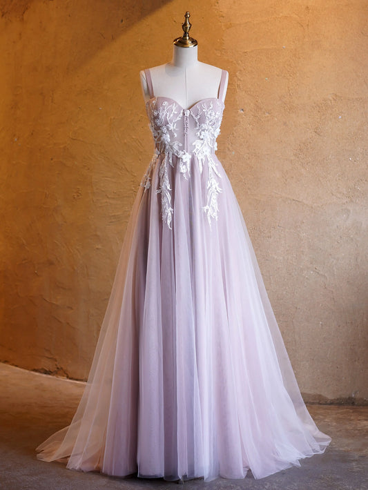 Lavender A Line Sweetheart Neck Tulle Sweep Train Prom Dress DP1068
