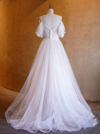 Elegant A Line Sequins Lace Tulle Floor Length Prom Dresses DP1046