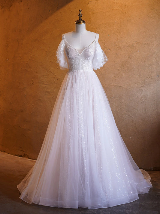 Elegant A Line Sequins Lace Tulle Floor Length Prom Dresses DP1046