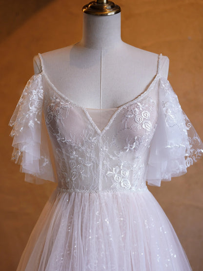 Elegant A Line Sequins Lace Tulle Floor Length Prom Dresses DP1046