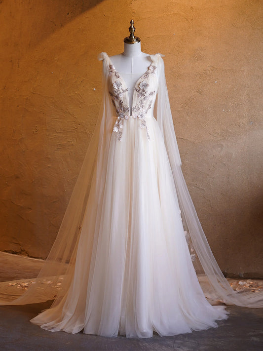 A-line Deep-V Neck Embroidery Tulle Floor Length Prom Dresses DP1053