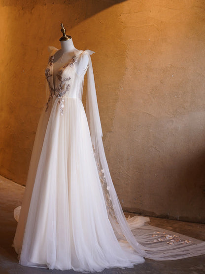 A-line Deep-V Neck Embroidery Tulle Floor Length Prom Dresses DP1053