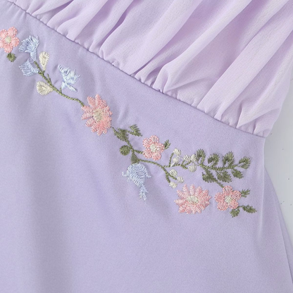 Purple A Line Spaghetti Straps Floral Embroidery Satin Mini Dress Homecoming Dress DP1357
