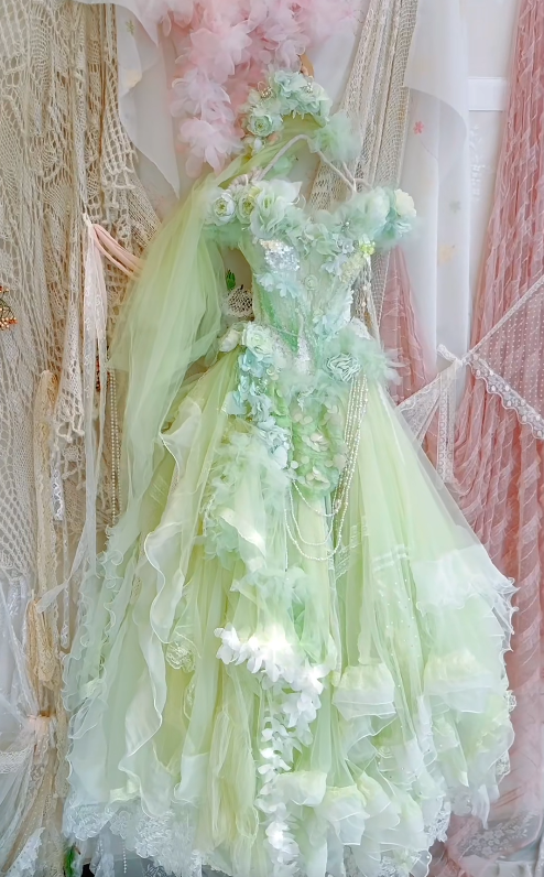 Light Green A Line Off the Shoulder Floral Beaded Tulle Long Prom Dress 16th Birthday Dress DP3795