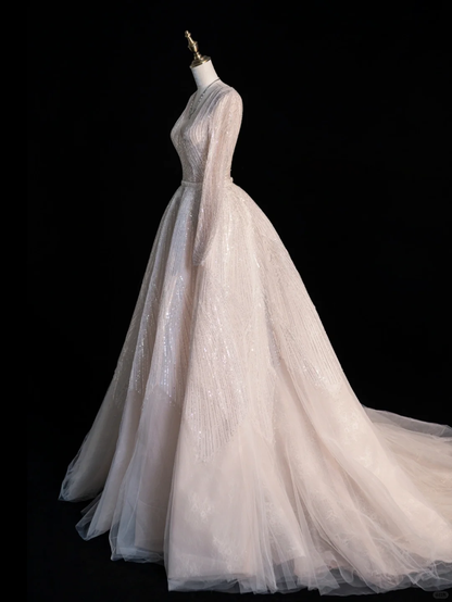 Light Apricot A Line Long Sleeve V Neck Beaded Tulle Long Prom Dress Formal Dress DP3237