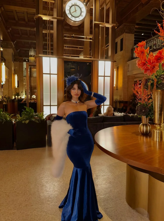 Sexy Classic Mermaid Strapless Royal Blue Velvet Prom Dress DP5023