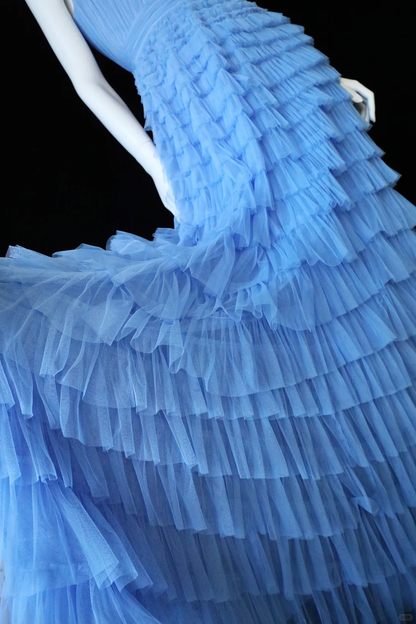Elegant A Line Straps Blue Layered Tulle Prom Dress Wedding Guest Dress DP4759
