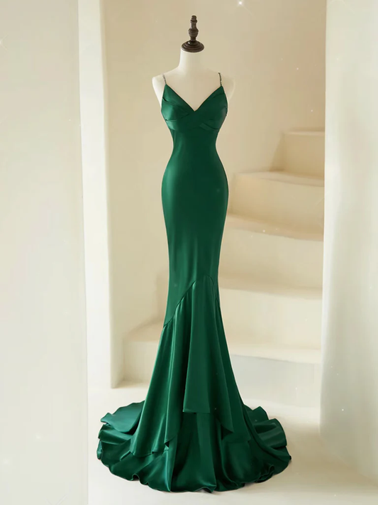 Mermaid V Neck Satin Green Backless Long Prom Dress DP374