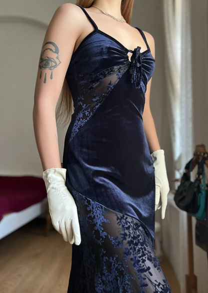 Vintage Sheath Spaghetti Strap Dark Blue Lace Velvet Prom Dress Evening Dress DP5726