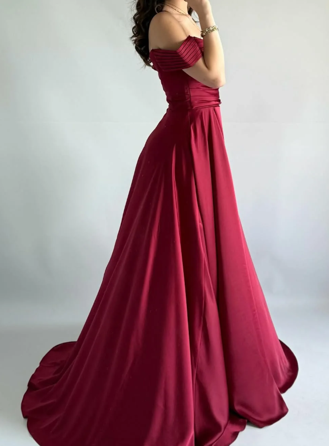 Simple Burgundy A Line Off the Shoulder Satin Prom Dress Evening Dress DP5259