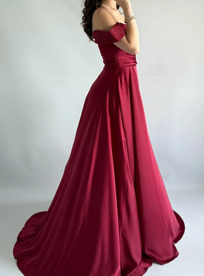 Simple Burgundy A Line Off the Shoulder Satin Prom Dress Evening Dress DP5259