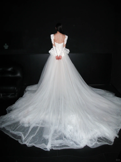 White Ball Gown Square Neck Exquisite Lace Tulle Long Wedding Dress DP8107