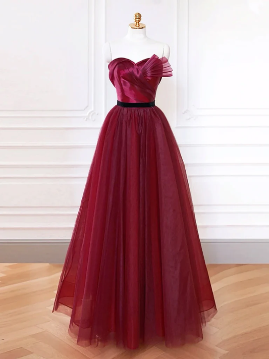 Charming Satin Tulle Burgundy Long Prom Dress Party Dress DP426