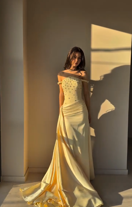 Yellow A Line Off the Shoulder Beaded Satin Long Sweep Prom Dress Graduation Prom Dress DP5047