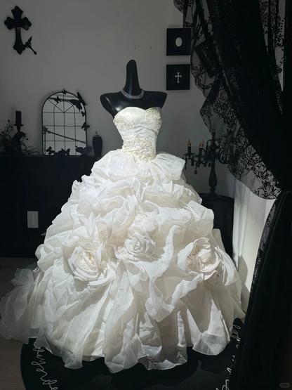 Vintage Ball Gown Strapless Beaded Pleated White Chiffon Prom Dress Quinceanera Dress DP6972
