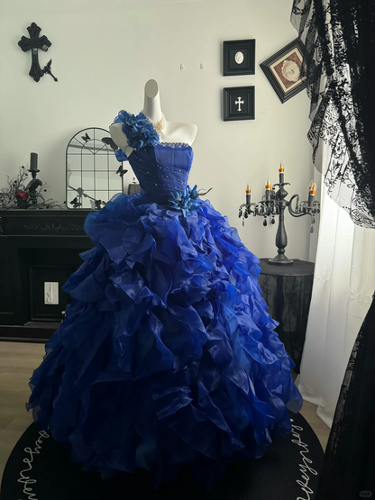 Royal Blue Ball Gown One Shoulder Beaded Ruffle Organza Prom Dress Quinceanera Dress DP6961