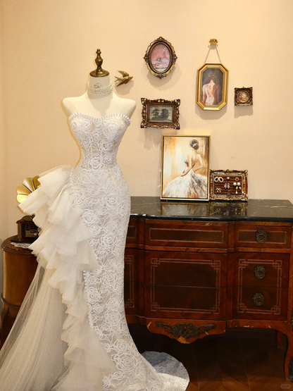 Modern Mermaid Strapless White Lace Tulle Long Prom Dress Wedding Dress DP7036