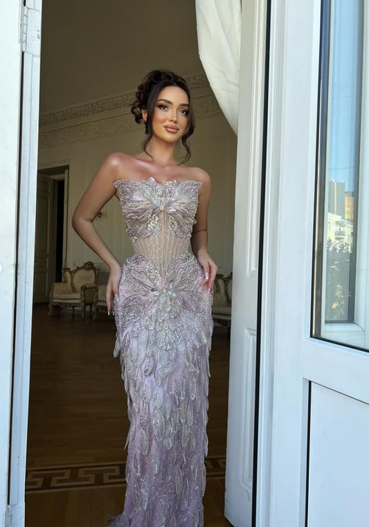 Dazzling Sheath Strapless Purple Butterfly Beaded Sequin Long Prom Dress Evening Dress DP6066