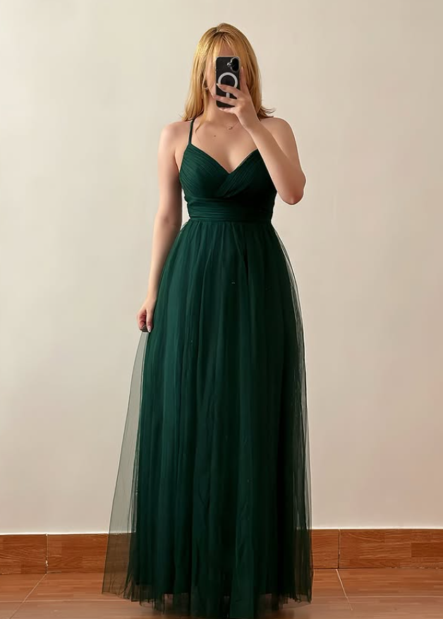 Simple Dark Green A Line Spaghetti Strap Tulle Prom Dress Evening Dress DP6415