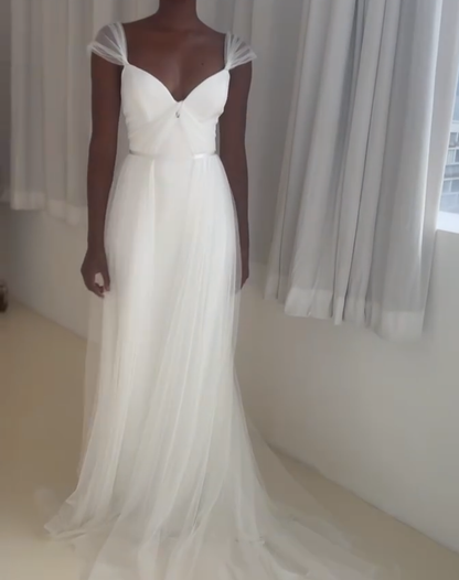 Pretty A Line Straps White Tulle Satin Long Wedding Dress DP4301