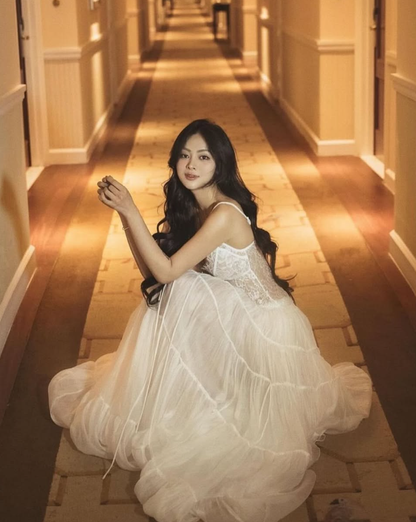 Elegant A Line Spaghetti Strap White Lace Chiffon Prom Dress Evening Dress DP1697