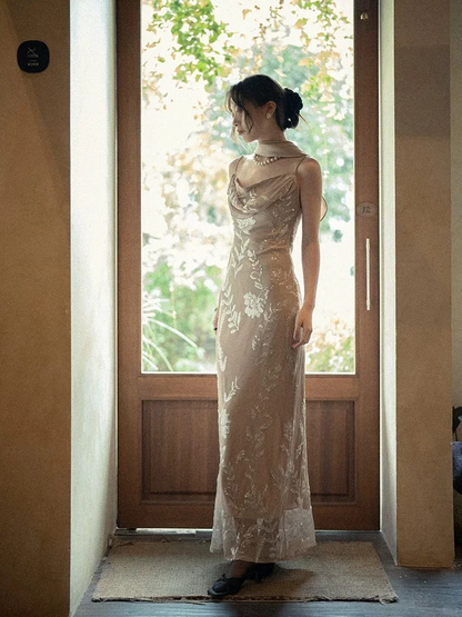 Vinatge Sheath Spaghetti Strap Exquisite Beaded Chiffon Long Prom Dress Party Dress DP4534