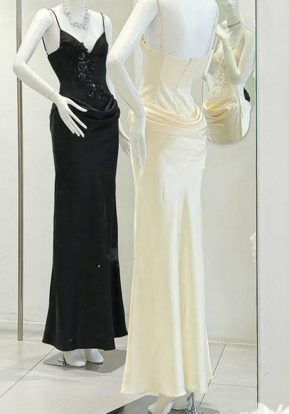 Sexy Black Sheath Spaghetti Strap Appliques Satin Prom Dress Evening Dress DP5914