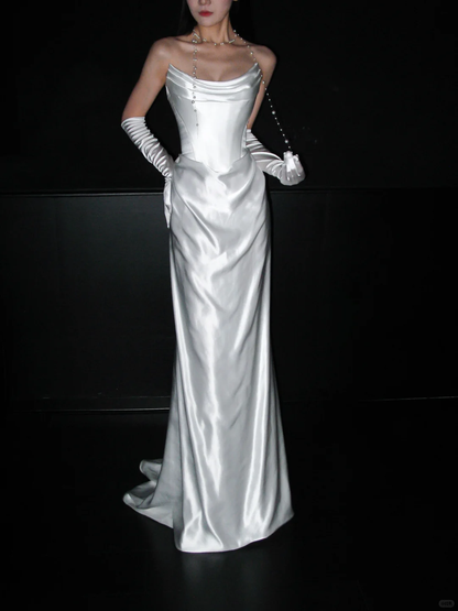 Chic Sheath Strapless White Corset Satin Long Wedding Dress DP8103