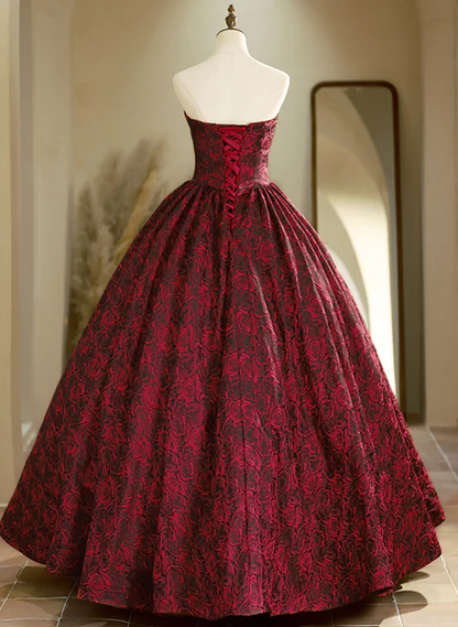 Burgundy Strapless Rose Print Ball Gown Long Formal Prom Dress DP604