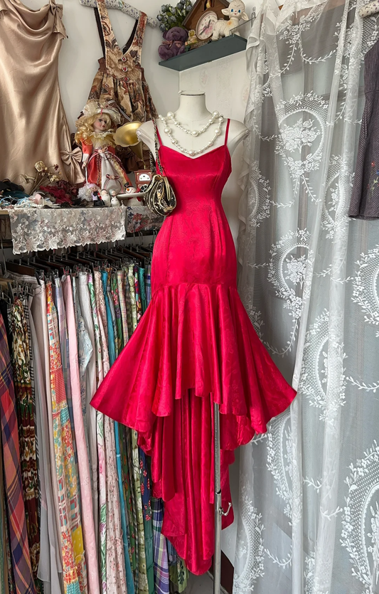 Red Vintage Mermaid Spaghetti Strap Ruffle Satin Prom Dress DP4849