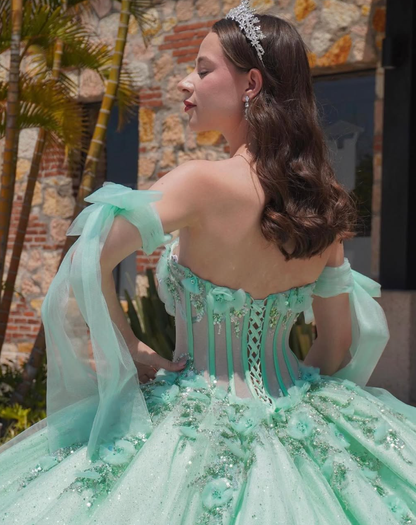 Charming Green Flower Appliques Sequin Tulle Ball Gown Sweet 16 Dress Quinceanera Dress DP3025