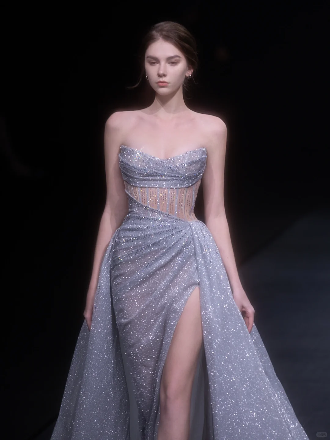 Grey Shiny A Line Strapless Corset Sequin Prom Dress Evening Dress with Slit DP2795