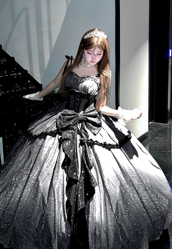 Stunning Black Bow A Line Sequin Lolita Goth Boning Dress Prom Dress DP4506