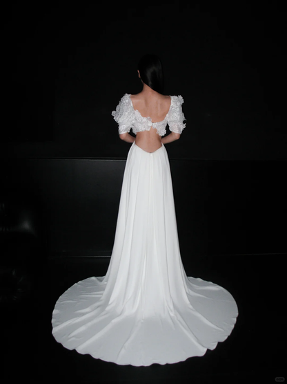 Cute Puff Sleeve A Line White Lace Satin Long Wedding Dress DP5782