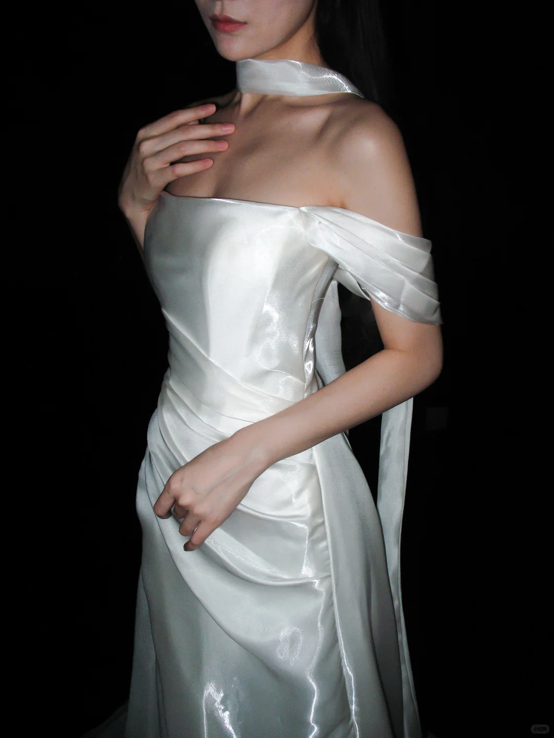 Elegant A Line Off the Shoulder White Pleated Satin Long Wedding Dress DP8105