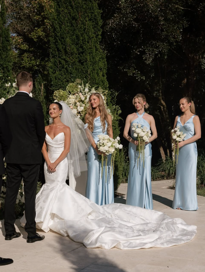 Gentle Blue Mermaid Halter Satin Long Prom Dress Bridesmaid Dress with Slit DP4982