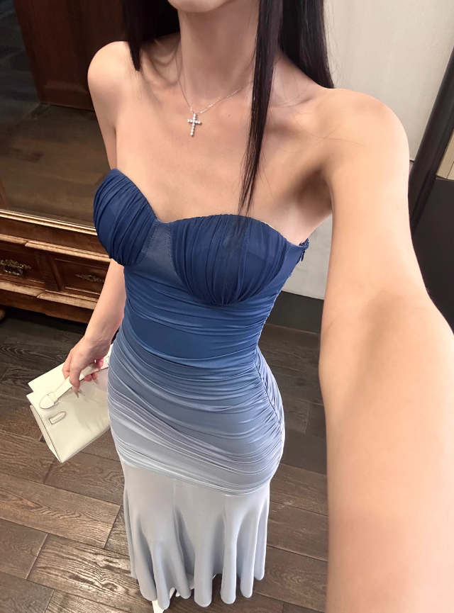 Blue Ombre Mermaid Strapless Pleated Tulle Prom Dress Formal Dress Evening Dress DP3455