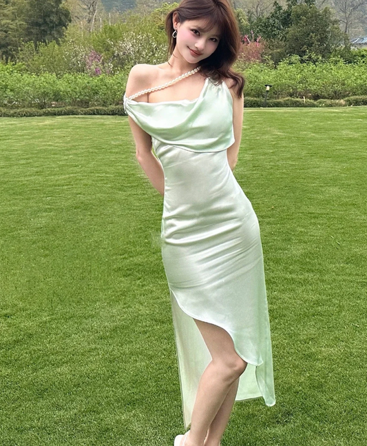 White Sheath Straps Pearl Satin Prom Dress Evening Prom Dress with Slit DP4893