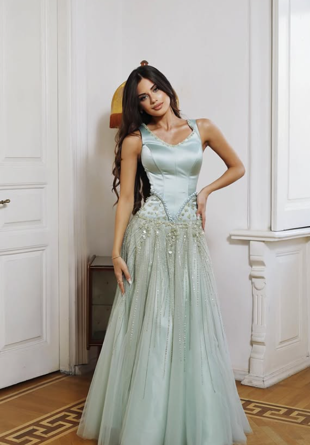 Unique Green A Line V Neck Beaded Satin Long Prom Dress Evening Dress DP6059