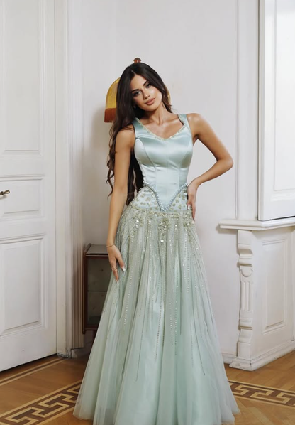 Unique Green A Line V Neck Beaded Satin Long Prom Dress Evening Dress DP6059