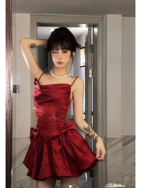 Sexy Red Bow A Line Spaghetti Strap Satin Short Homecoming Dress Outfits DP6396