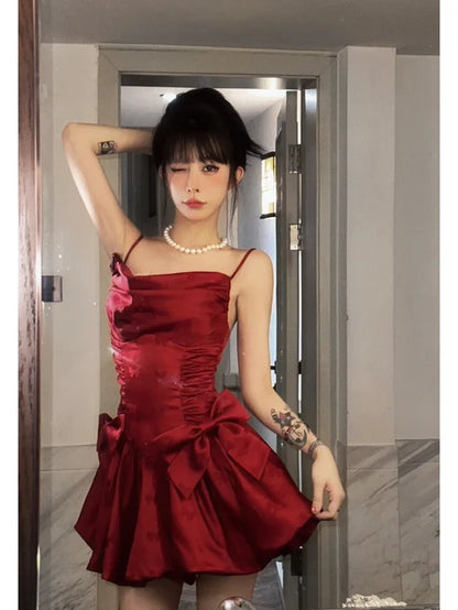 Sexy Red Bow A Line Spaghetti Strap Satin Short Homecoming Dress Outfits DP6396