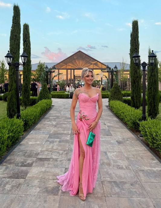 Elegant A Line Strapless Pink Lace Prom Dress Party Dress Wedding Guest Dress with Slit DP3488
