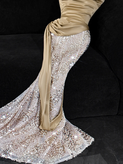 Khaki Mermaid Strapless Sequin Satin Long Prom Dress Evening Dress DP2556