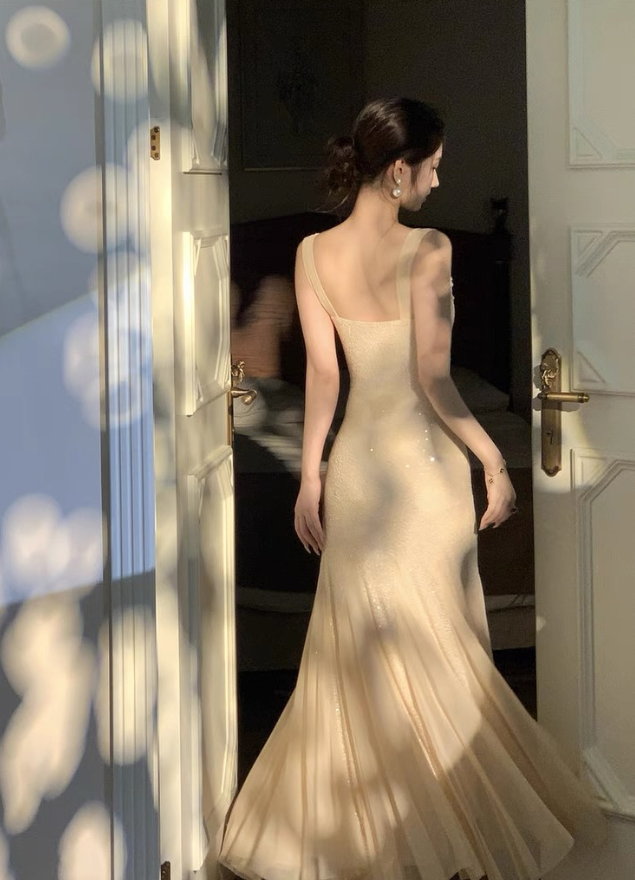 Glorious Mermaid Straps Apricot Sequin Chiffon Prom Dress Evening Dress DP5268