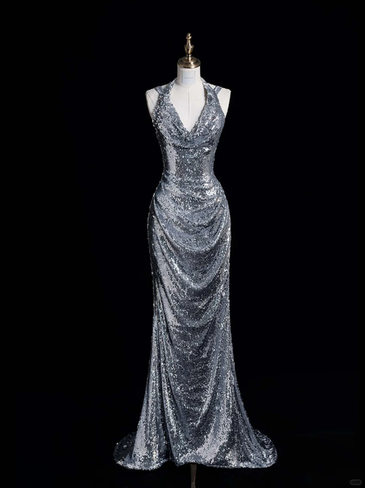 Sexy Sheath Halter Silver Sequin Long Open Back Prom Dress Graduation Prom Dress DP2014