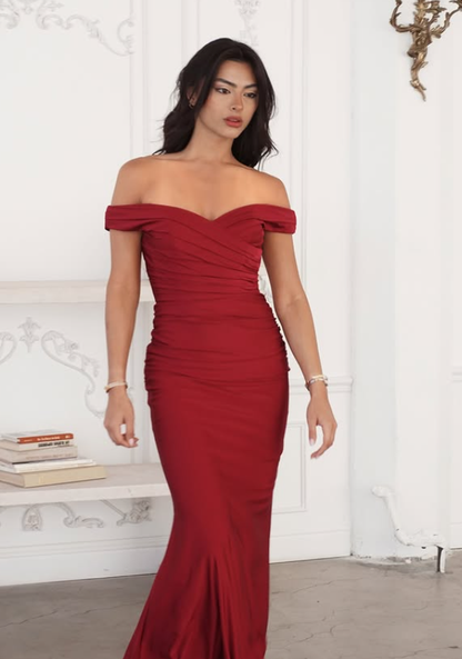 Charming Red Sheath Off the Shoulder Pleated Satin Prom Dress Evening Dress Date Dress DP6182