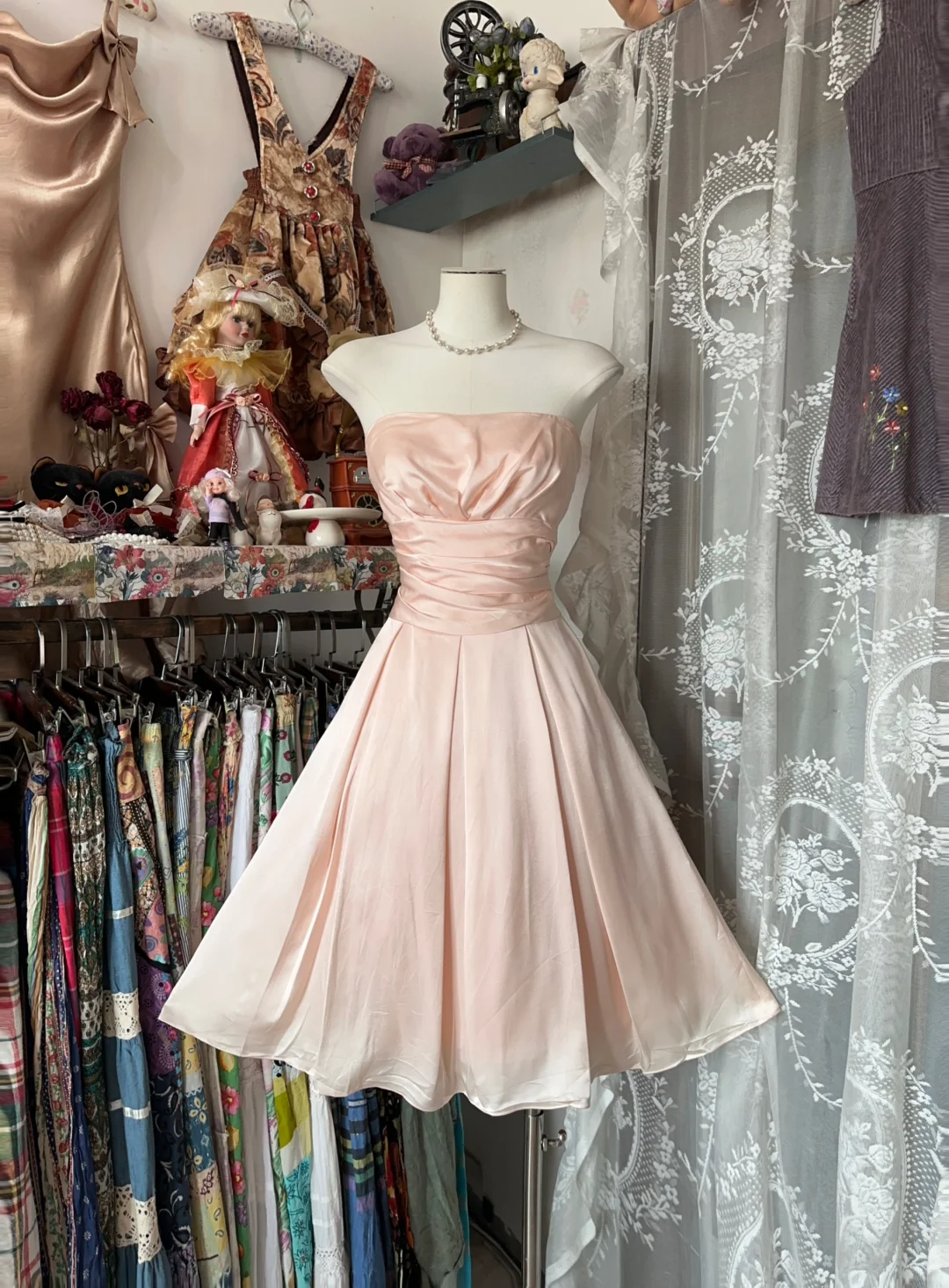 Simple Pink Vintage A Line Strapless Satin Short Homecoming Dress Party Dress DP4994