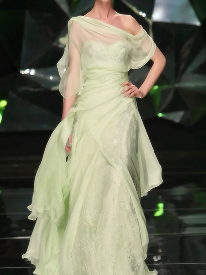 Green A Line Sweetheart Neck Beaded Sequin Lace Chiffon Long Prom Dress DP4496