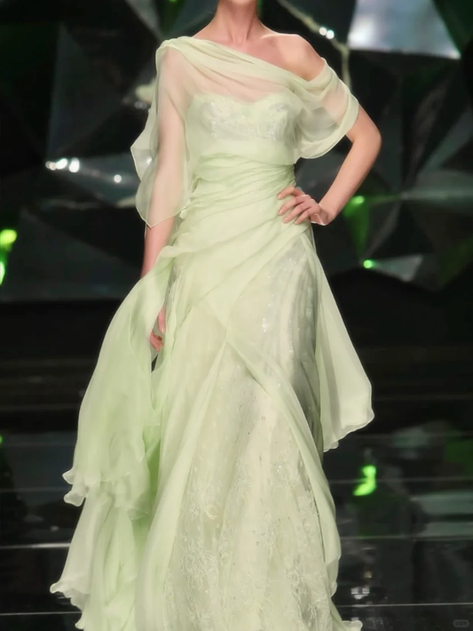 Green A Line Sweetheart Neck Beaded Sequin Lace Chiffon Long Prom Dress DP4496